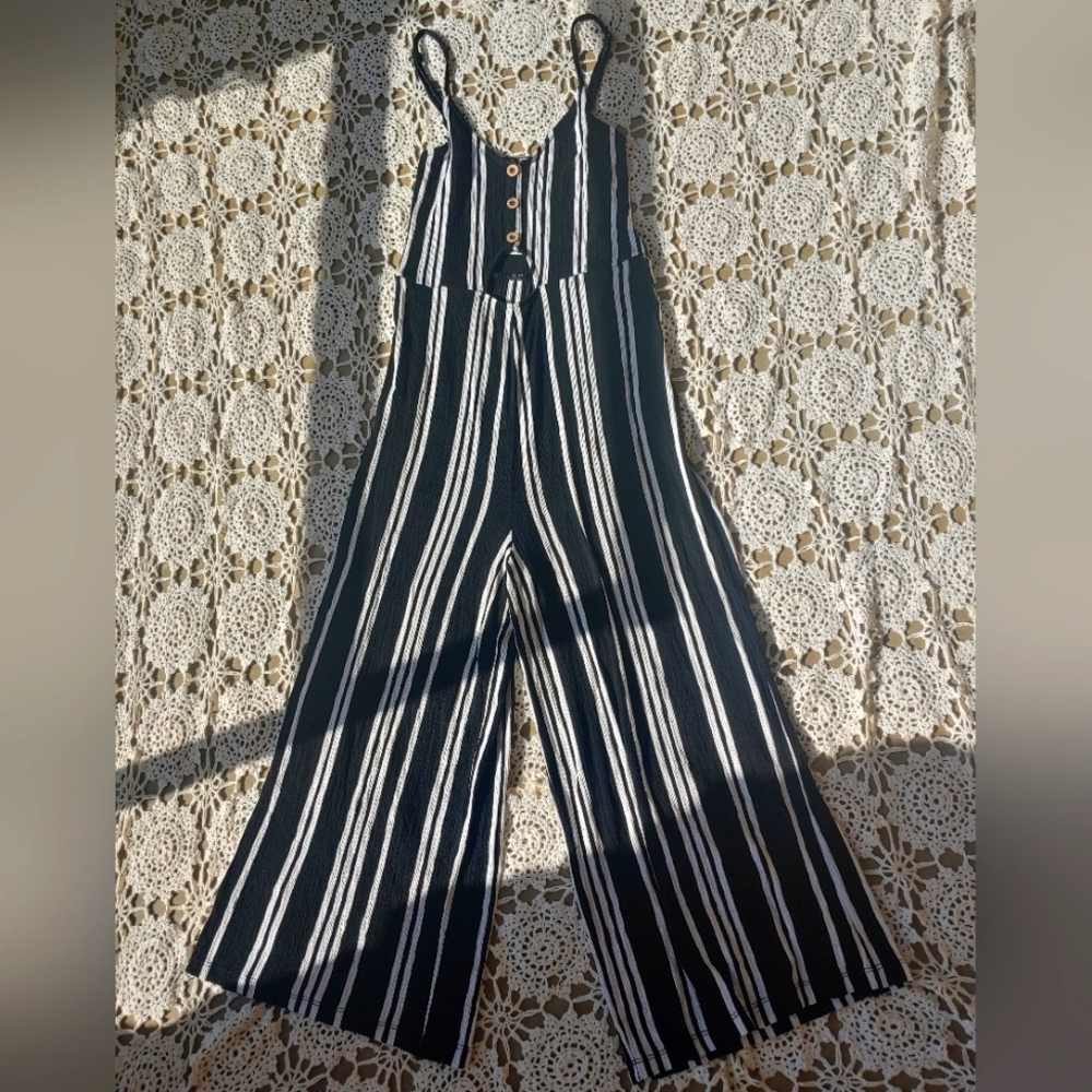 Vintage Love Three B&W Striped Flowy Button Up Keyhole Bohemian Chic Jumpsuit